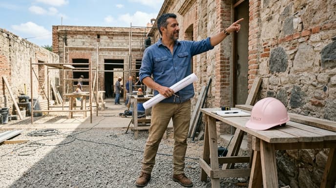 Architecte indépendant sur un chantier de rénovation consultant un plan, illustrant le besoin de garanties de prêt pour financer un projet professionnel.