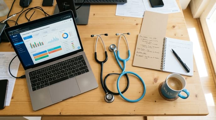 Bureau partagé de cabinet médical avec stéthoscopes et ordinateur portable, illustrant le principe de l'unité TVA entre praticiens