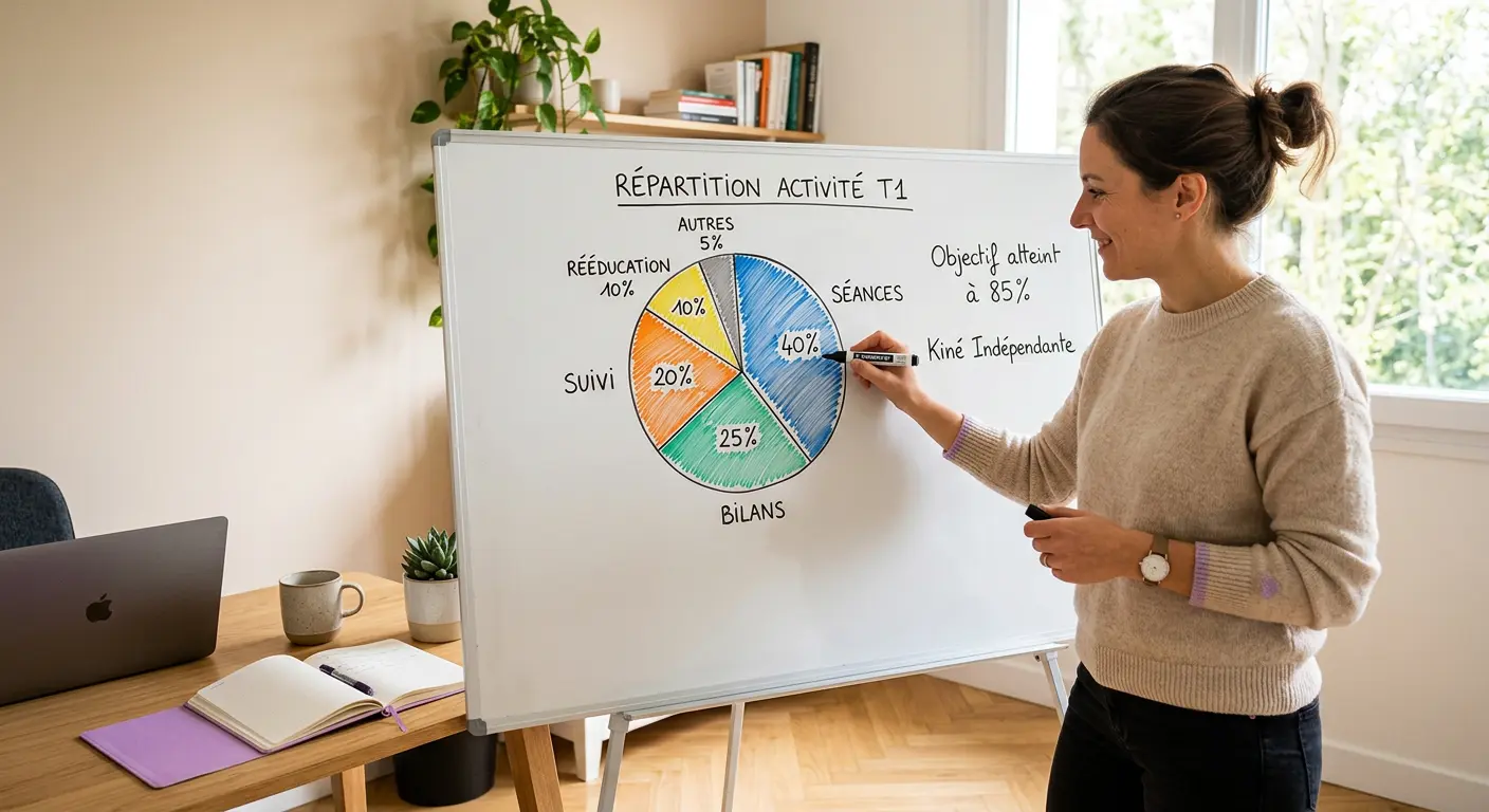 Indépendante dessinant un graphique de part de marché au tableau blanc dans le cadre de la préparation de son business plan.