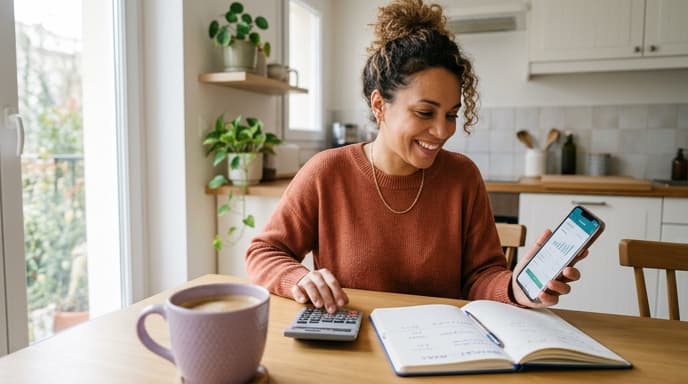 Indépendante effectuant un calcul TVA sur sa calculatrice à côté de son smartphone et d'un carnet, dans un intérieur lumineux avec un mug parme au premier plan