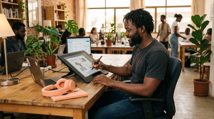 Graphiste indépendant travaillant sur une tablette dans un espace de coworking, illustrant comment choisir le régime TVA adapté aux freelances assujettis. Btw-stelsel