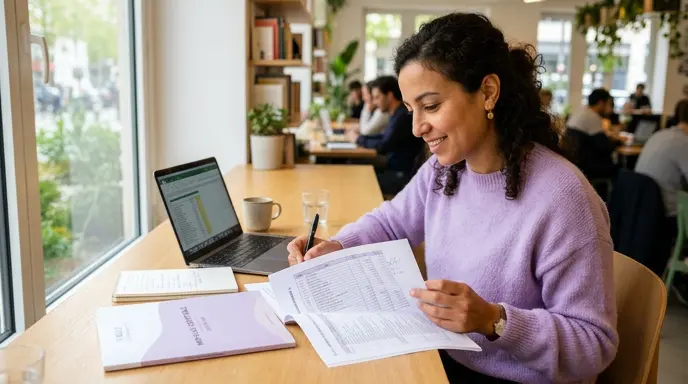 Consultante indépendante consultant un plan comptable ouvert sur le compte 100 capital souscrit, assise à une table lumineuse, stylo à la main.