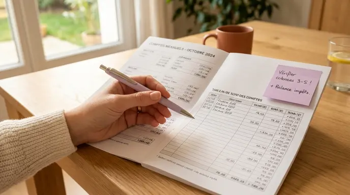 Main tenant un stylo sur un document comptable représentant le compte classe 1 du PCMN