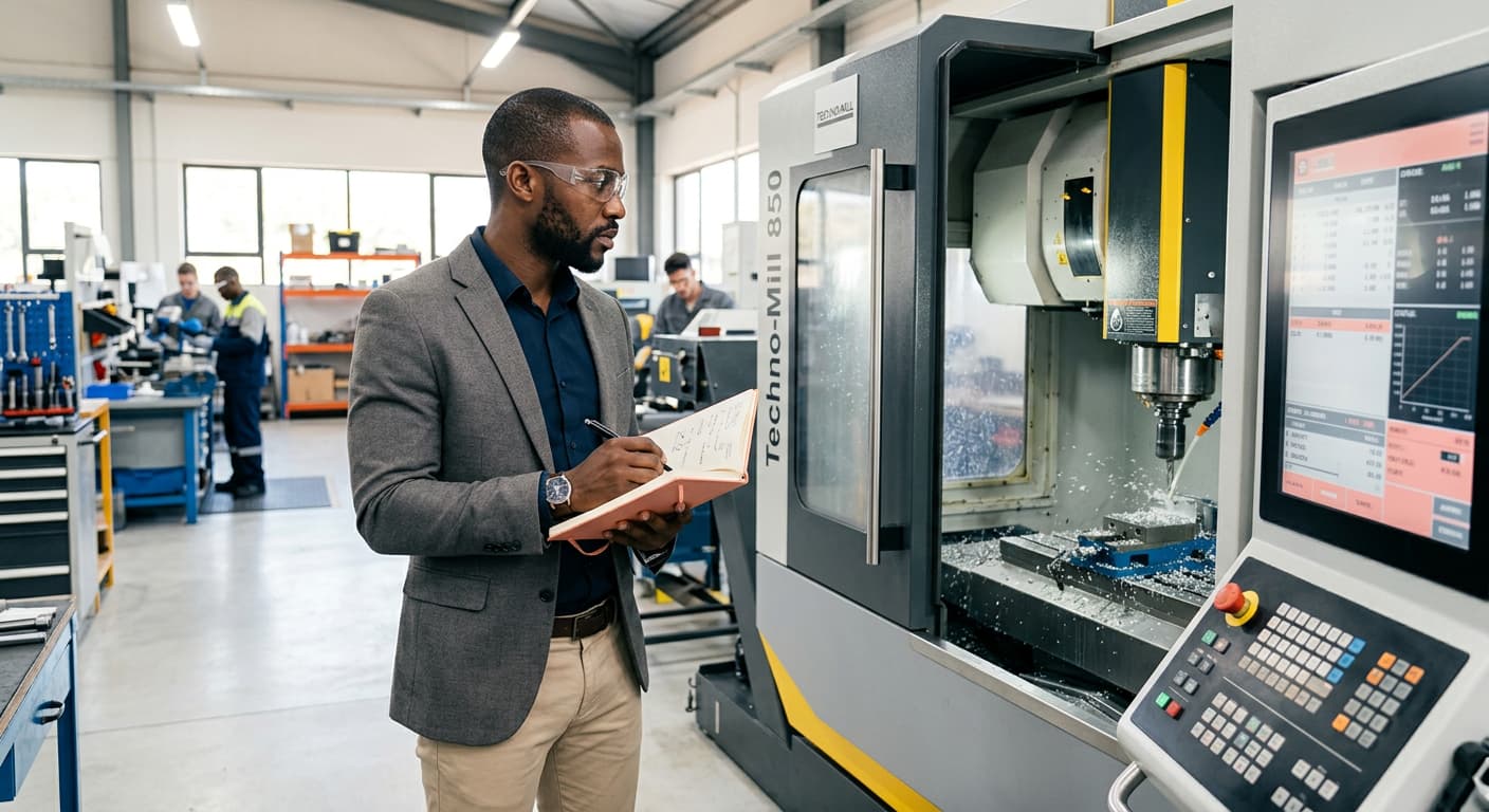 Consultant indépendant analysant une machine industrielle dans un atelier, représentant la comptabilisation des comptes de classe 2 du PCMN belge relatifs aux immobilisations corporelles.