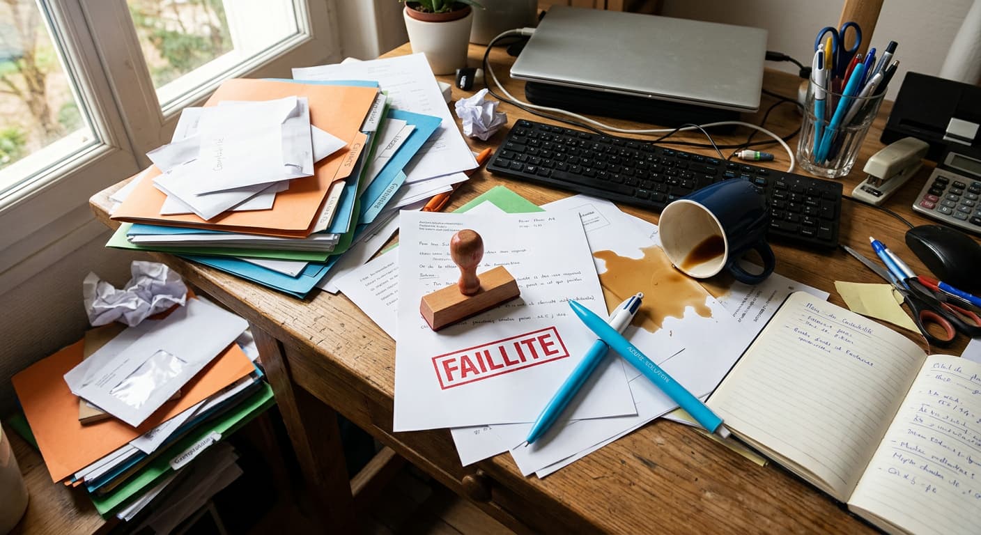Bureau en désordre avec dossiers éparpillés et tampon faillite, illustrant les obligations de déclaration curateur en matière de TVA lors d'une faillite d'entreprise.