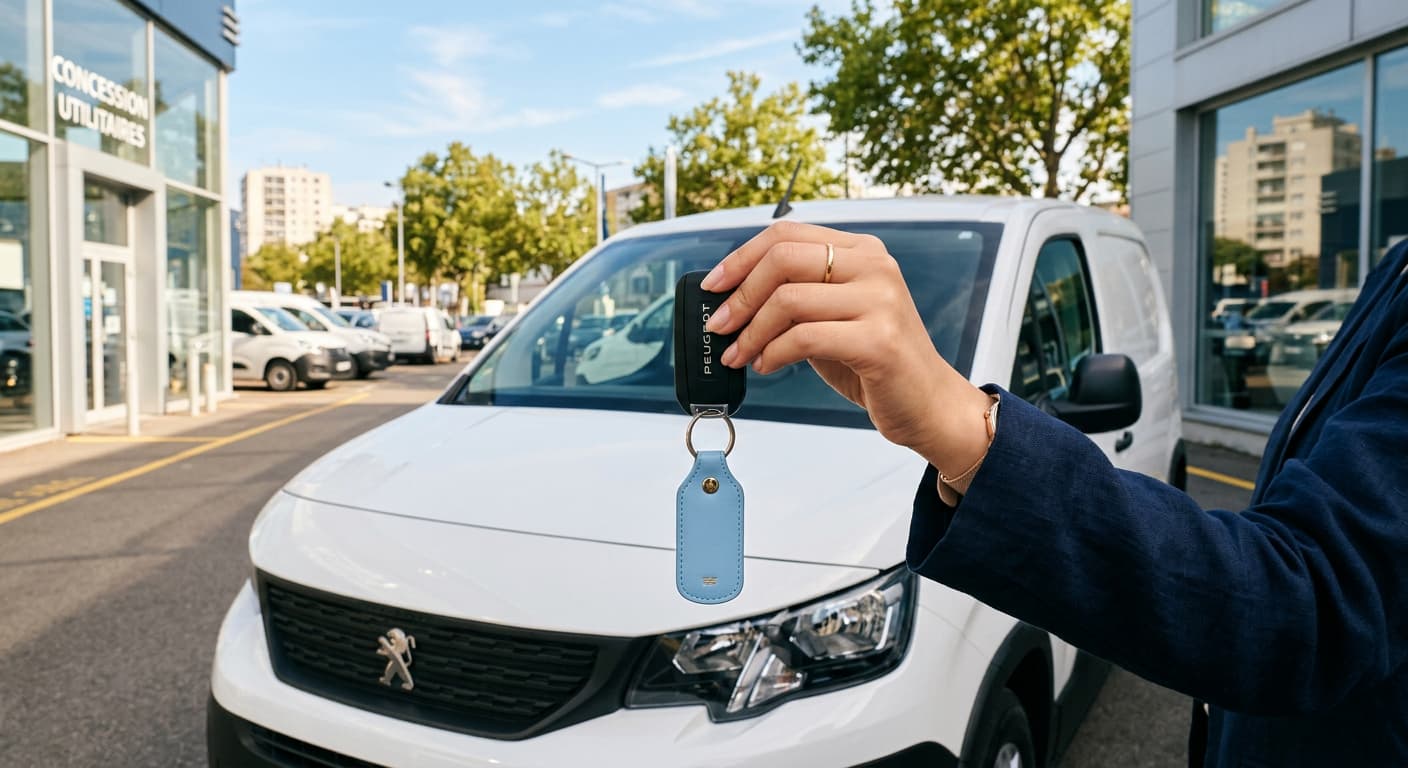 Main tenant une clé devant un véhicule utilitaire neuf, illustrant la procédure de déclaration moyen de transport neuf pour un indépendant
