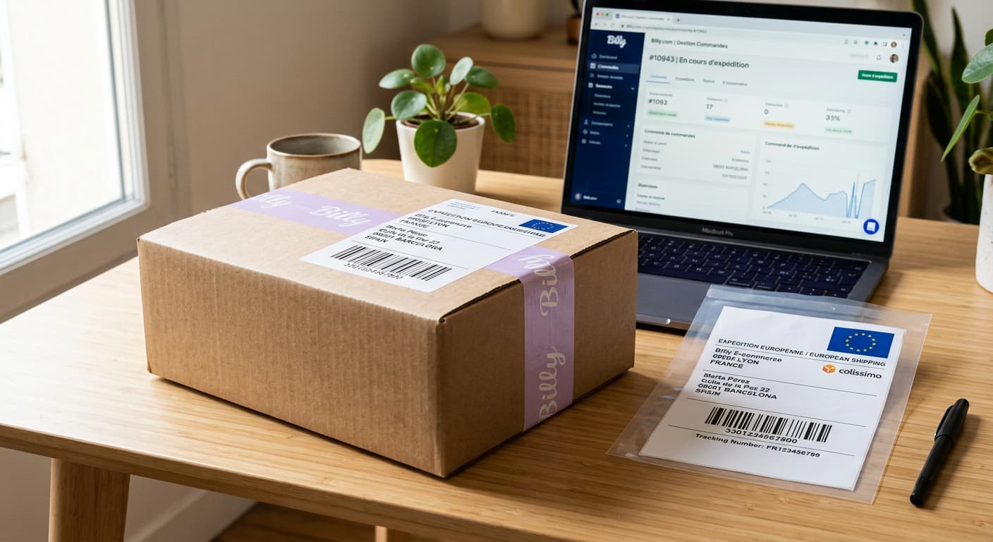 Colis prêt à l'expédition sur un bureau avec bordereau et drapeau européen, illustrant la déclaration OSS pour les ventes à distance intracommunautaires.