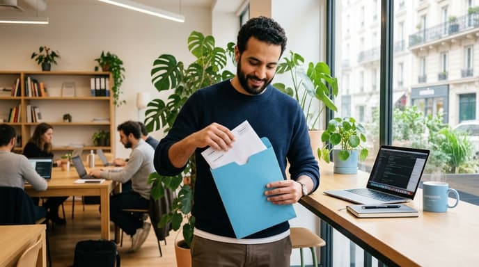 Freelance indépendant organisant ses documents administratifs dans un espace de coworking, illustrant la gestion de la déclaration périodique TVA.