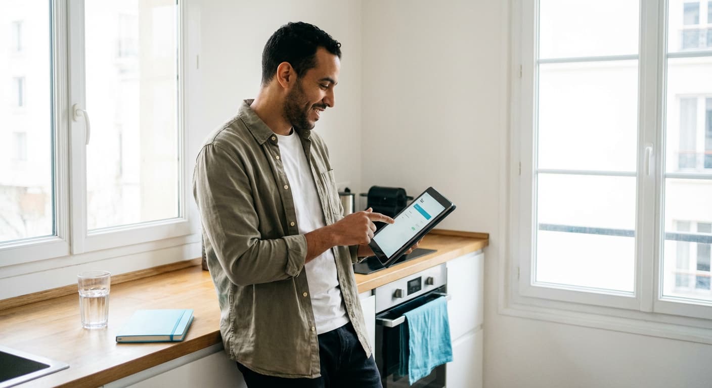 Indépendant consultant vérifiant sa déclaration spéciale TVA sur tablette dans son espace de vie