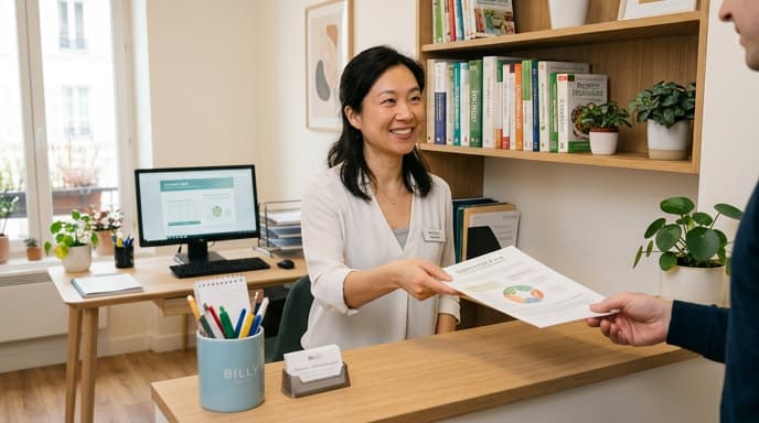 Diététicienne indépendante remettant une facture à un patient dans son cabinet, illustrant la gestion quotidienne de la déduction TVA.