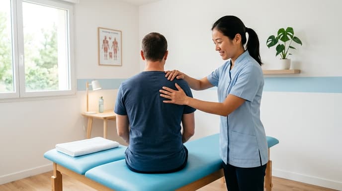 Kinésithérapeute exonérée de TVA article 44 prodiguant des soins dans un cabinet lumineux aux tons bleu ciel