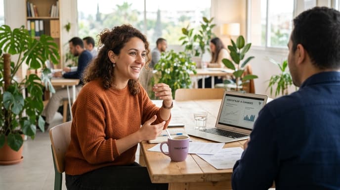 Femme discutant du financement de sa création d'entreprise avec un conseiller dans un espace de coworking lumineux