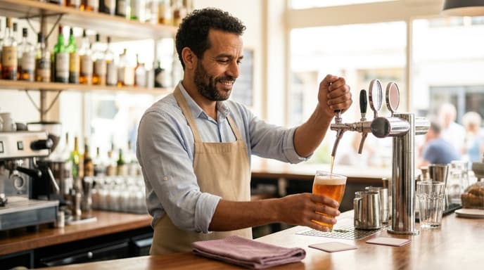 Cafetier tirant une bière pression derrière son comptoir, illustrant le forfait TVA applicable aux tenanciers de café en Belgique.