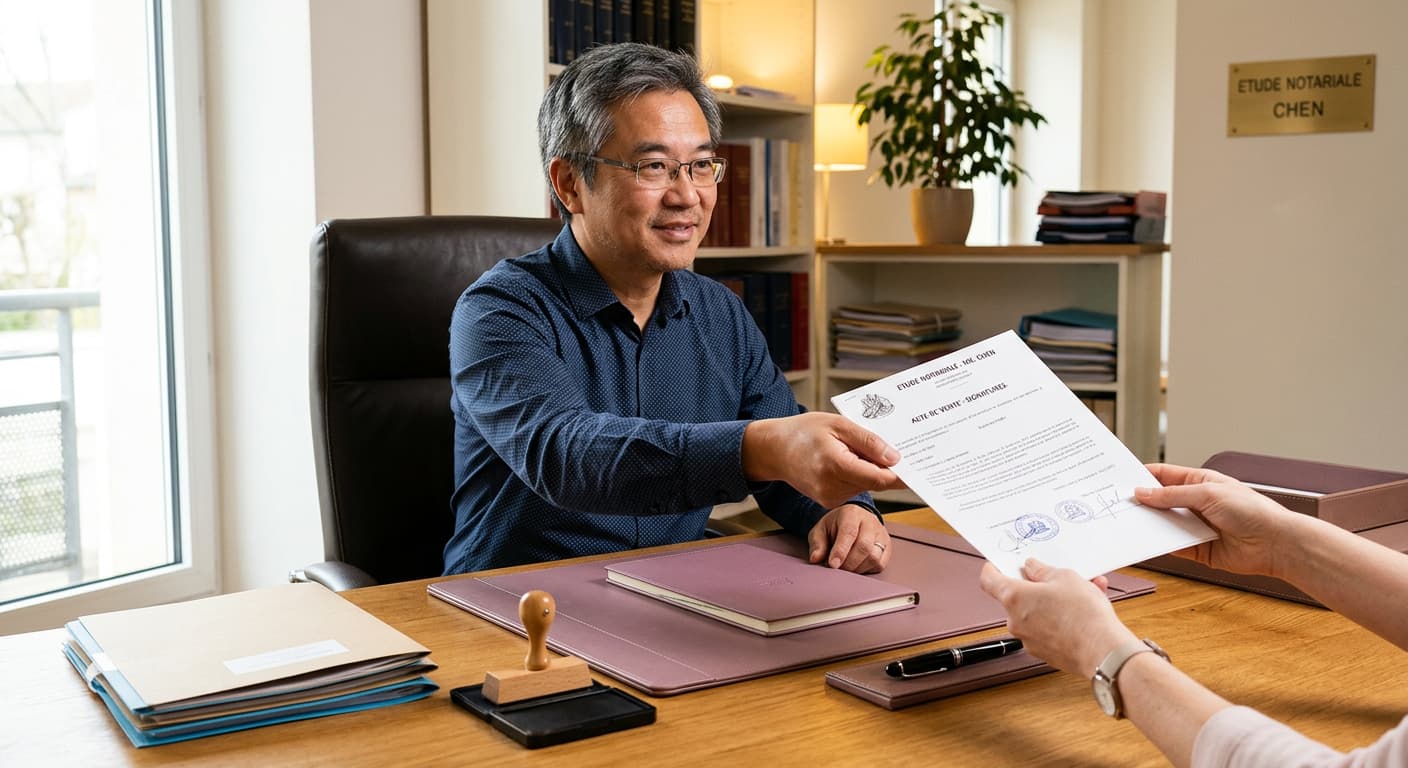 Notaire remettant un document officiel de constitution de société à son client, illustrant les frais d'établissement comptabilisés au compte 200 du PCMN belge.
