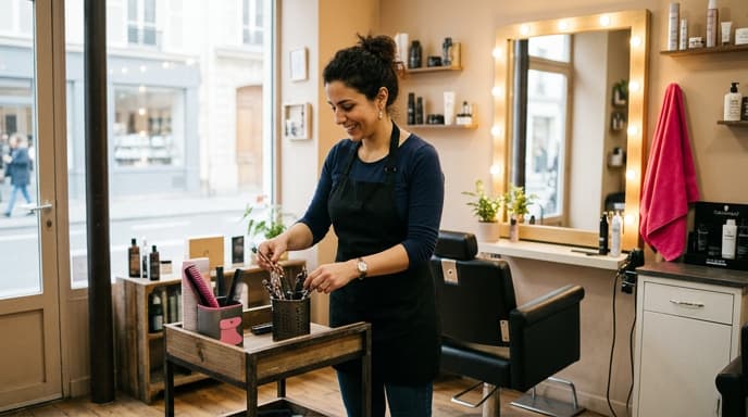 Coiffeuse indépendante sous le régime de la franchise TVA rangeant ses outils dans son salon, avec un détail rose sur un accessoire.