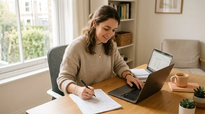 Indépendant consultant ses documents fiscaux dans un espace de travail lumineux