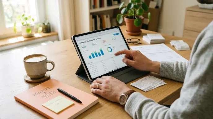 Indépendant gérant sa comptabilité sur une tablette, mains posées sur un bureau lumineux