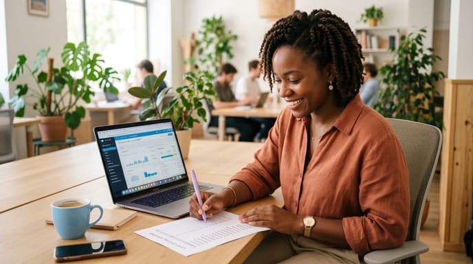 Consultante indépendante vérifiant sa liste de clients assujettis TVA sur son bureau avant le dépôt du listing clients annuel via Intervat.