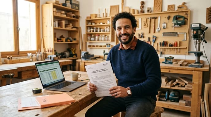 Artisan indépendant consultant un document de plan financier dans son atelier pour préparer un prêt création entreprise