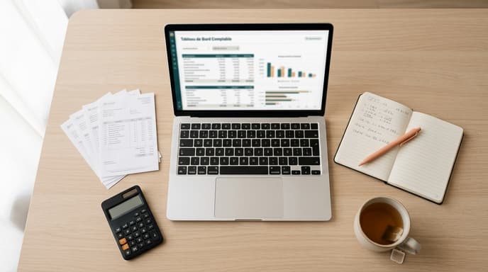 Bureau d'indépendant vu du dessus avec laptop, calculatrice, factures et carnet de notes, illustrant la gestion des obligations déclaratives sous le régime normal de TVA, dans une ambiance lumineuse avec un accent pêche.