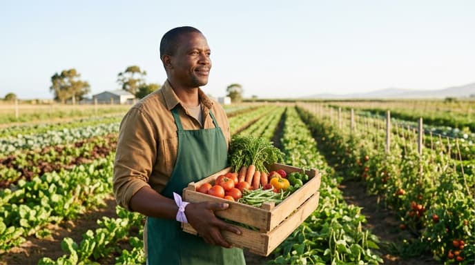 Exploitant agricole tenant une cagette de légumes récoltés dans son champ, illustrant le régime TVA agricole pour indépendants en Belgique.