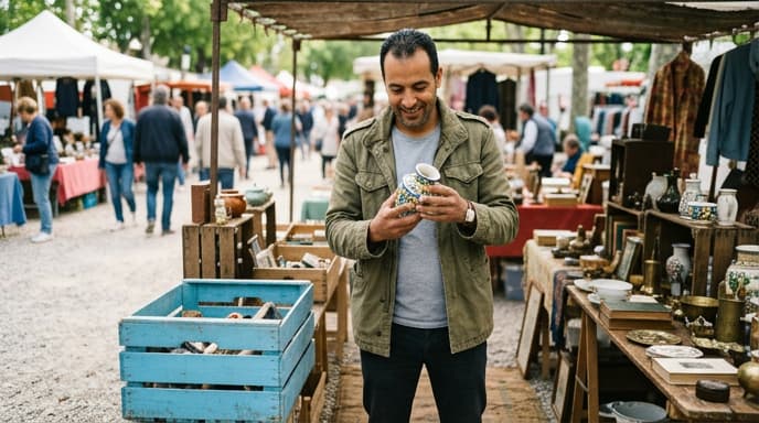 Revendeur examinant un objet vintage sur un marché aux puces, illustrant le régime TVA de la marge pour les biens d'occasion