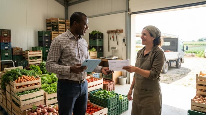 Consultant vérifiant un bon de livraison avec une maraîchère dans un entrepôt lumineux, illustrant le processus d'autofacturation selfbilling entre un acheteur et son fournisseur